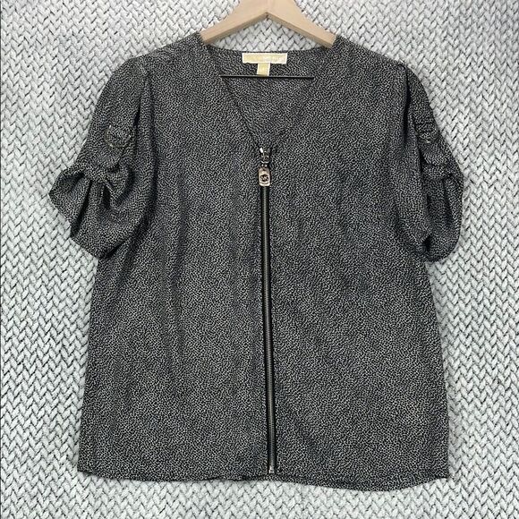 Michael Kors Animal Print Zip Front Blouse Size S Short Sleeve Classic Office - Picture 1 of 7